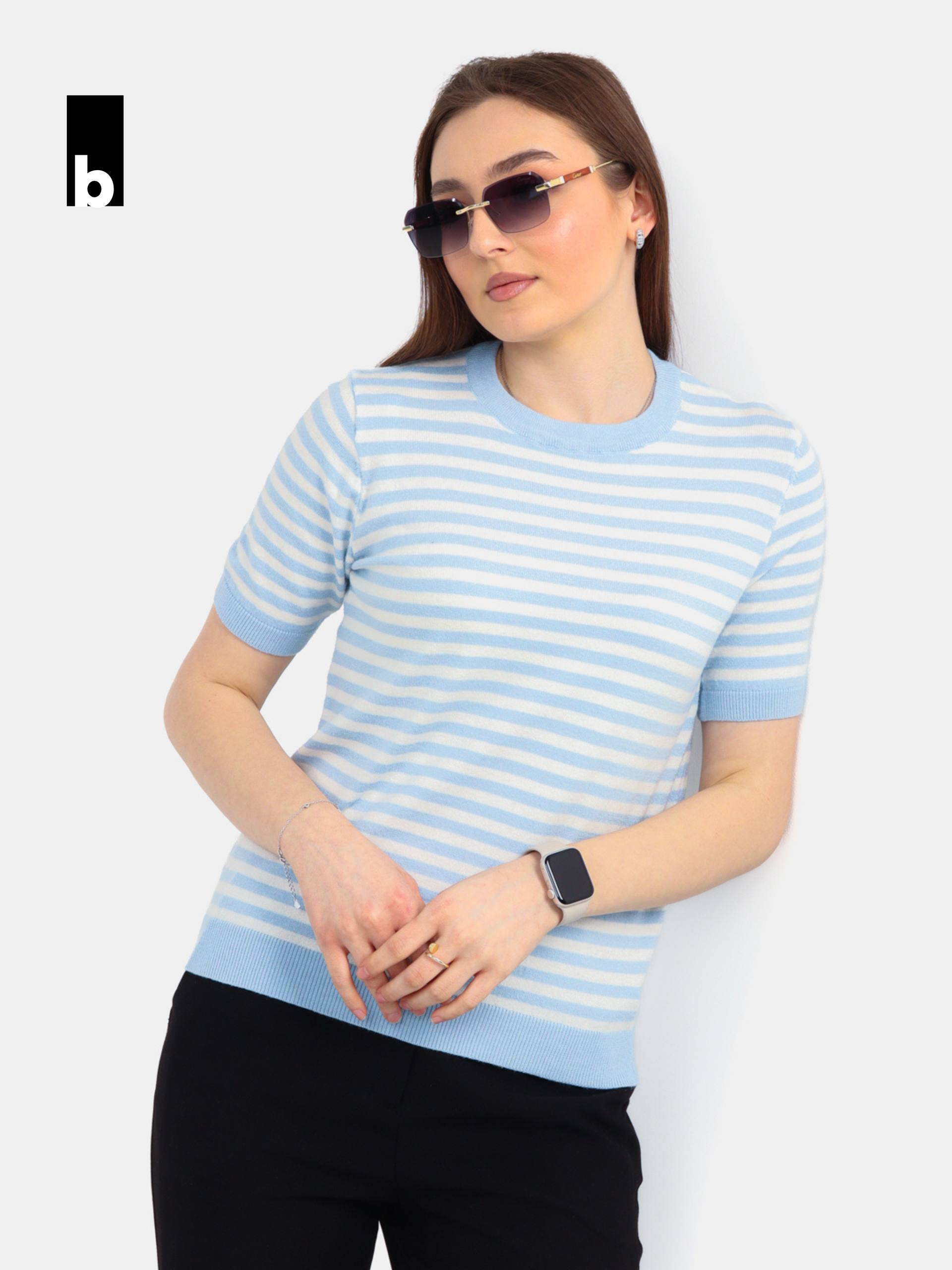Striped knitted T-shirt (white & light blue)