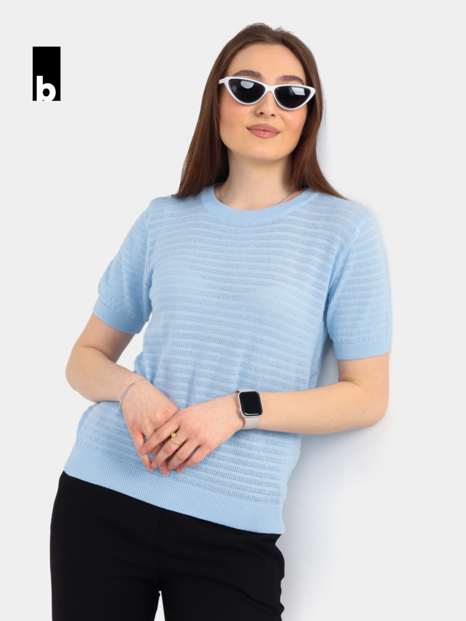 Light blue knitted T-shirt with a delicate openwork texture