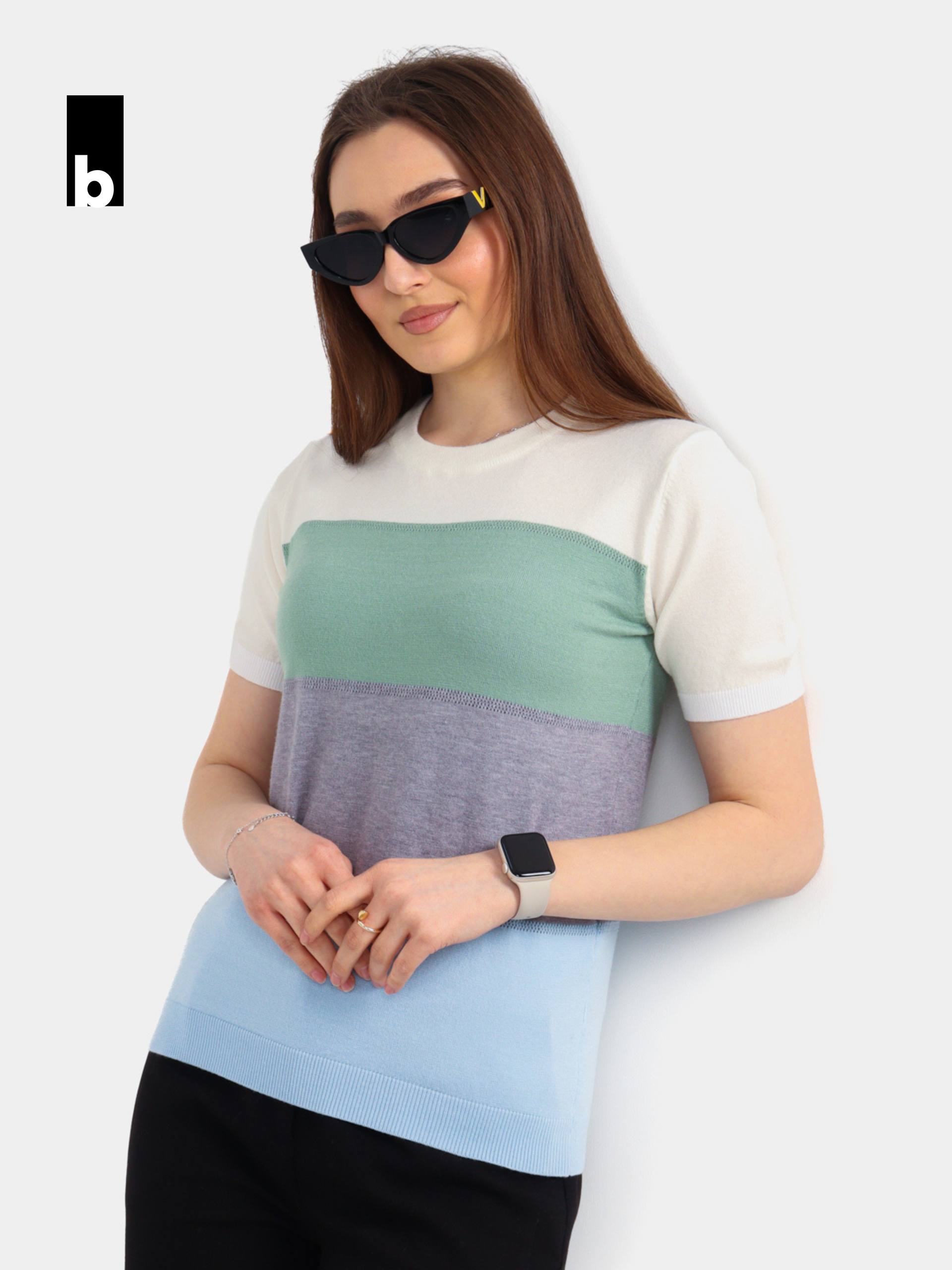 Knitted color-block T-shirt (milk-green-gray-light blue)