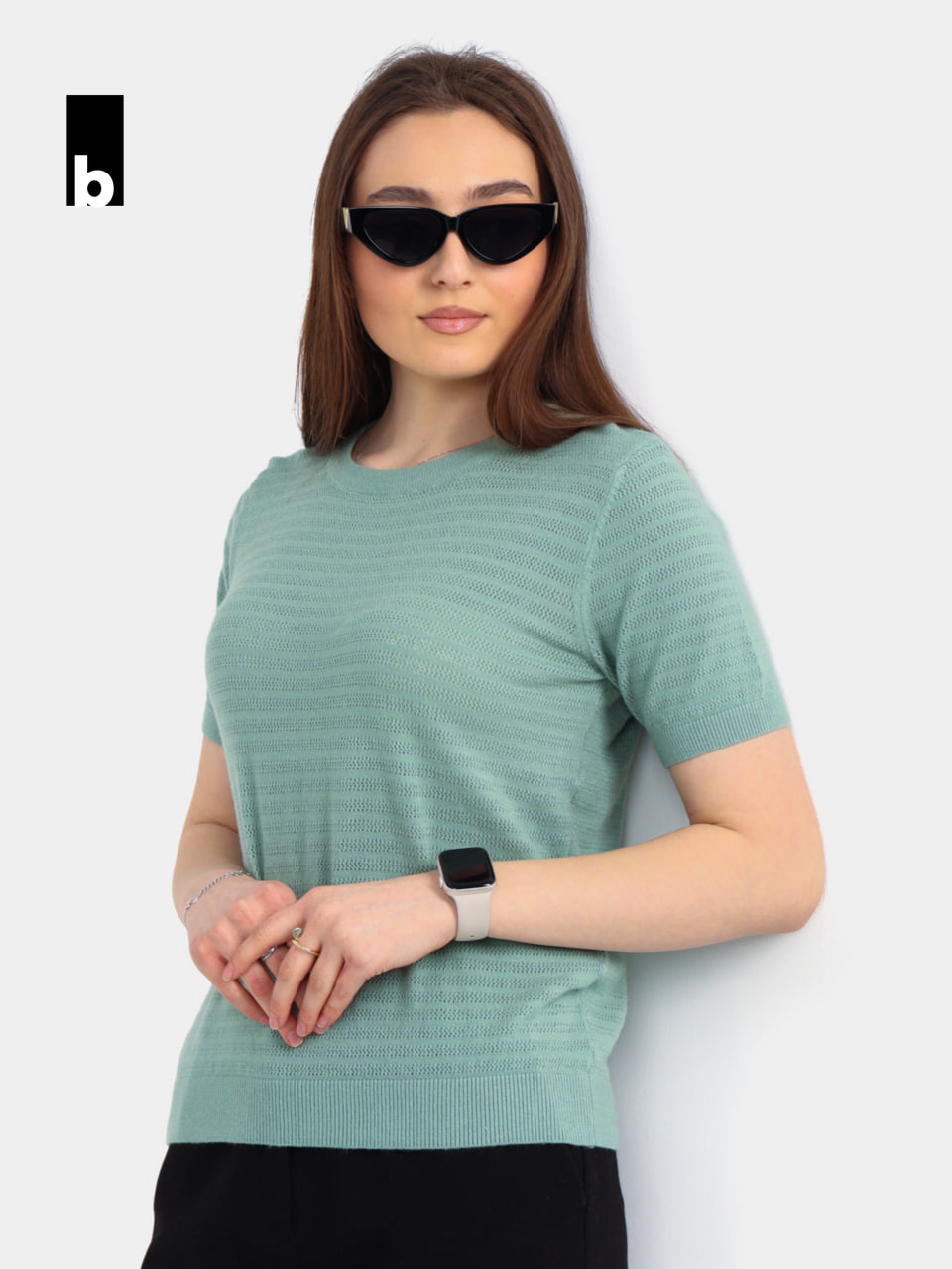 Turquoise knitted T-shirt with a delicate openwork texture