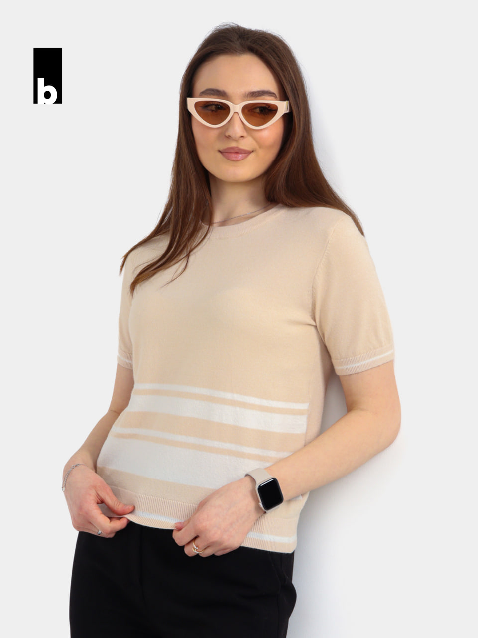 Beige knitted T-shirt with white stripes