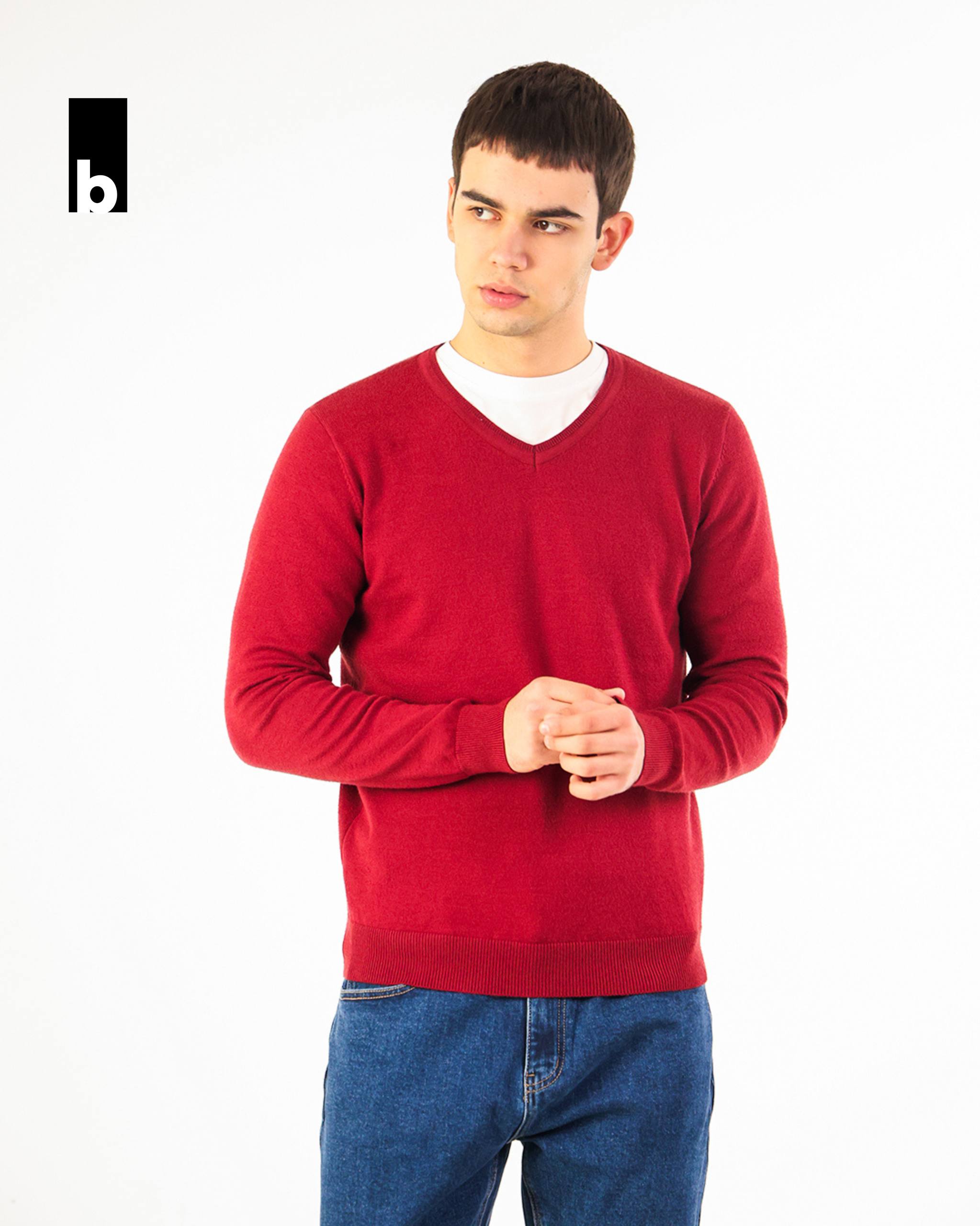 Red knitted V-neck jumper