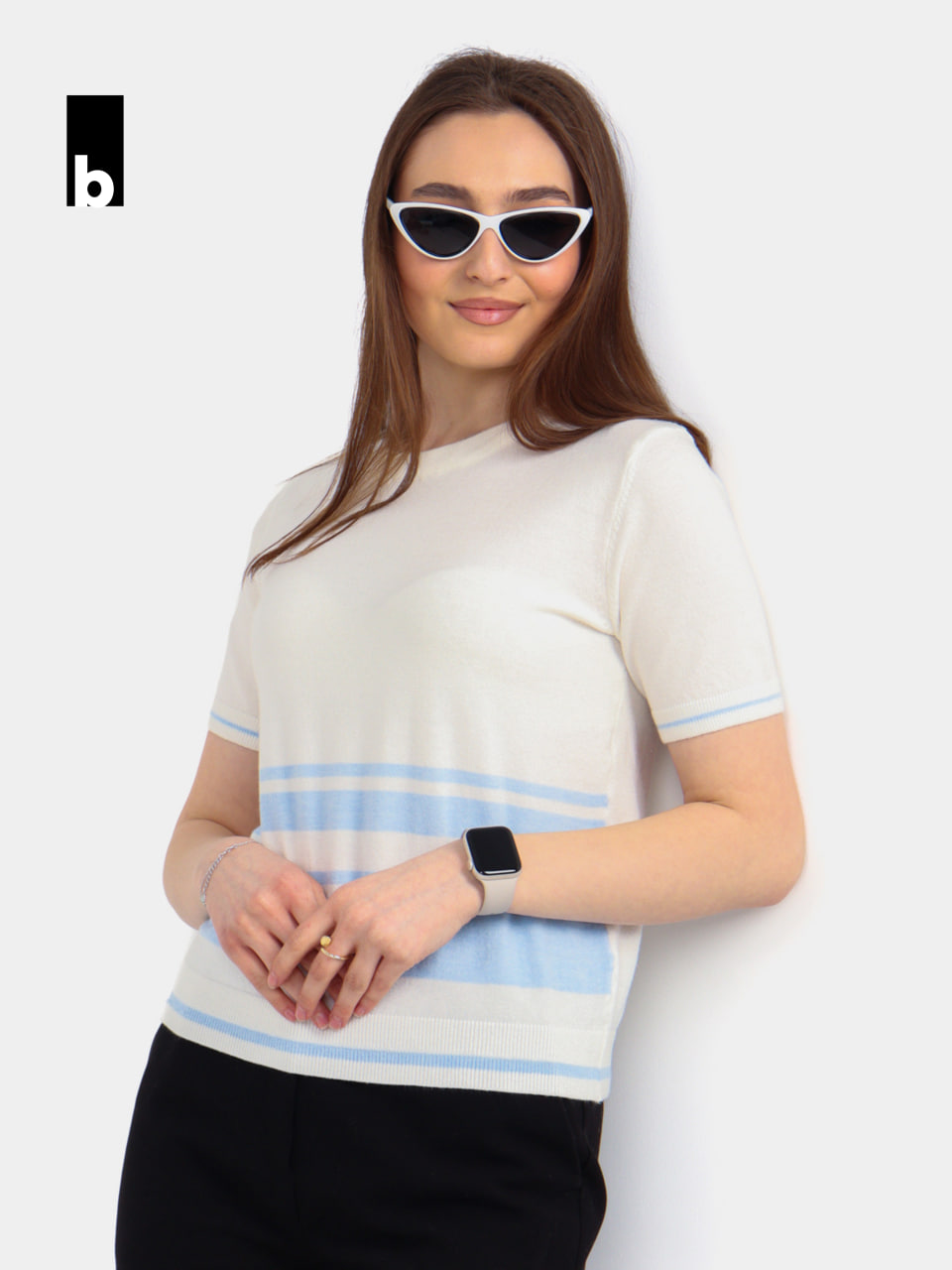 Milk-colored knitted T-shirt with blue stripes