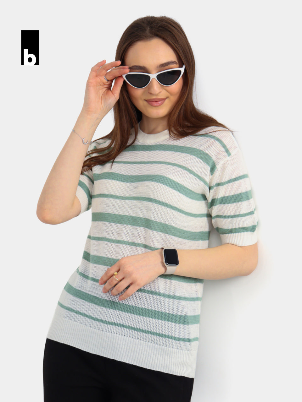 Milk-green striped knitted T-shirt with openwork texture