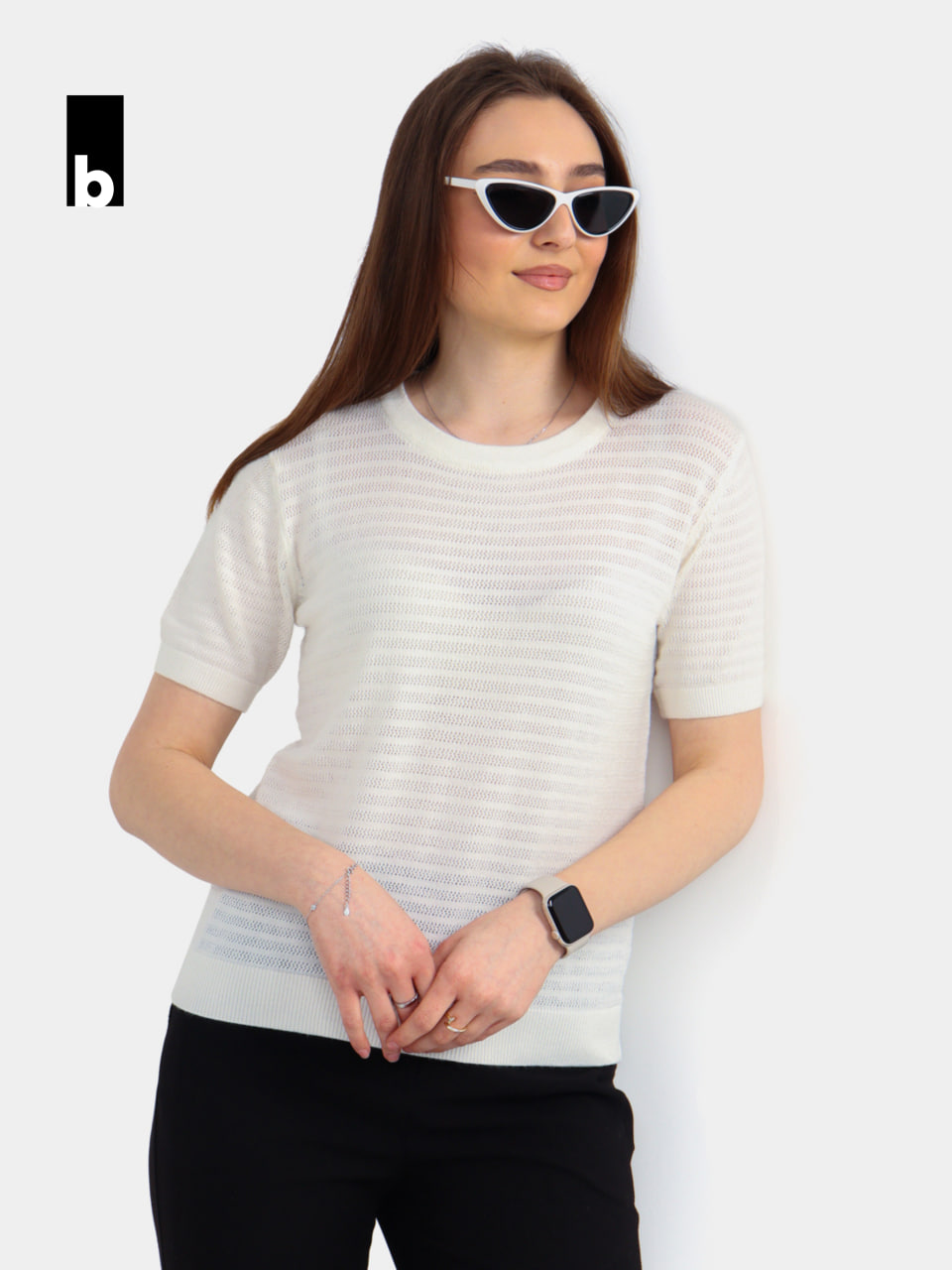 White knitted T-shirt with a delicate openwork texture