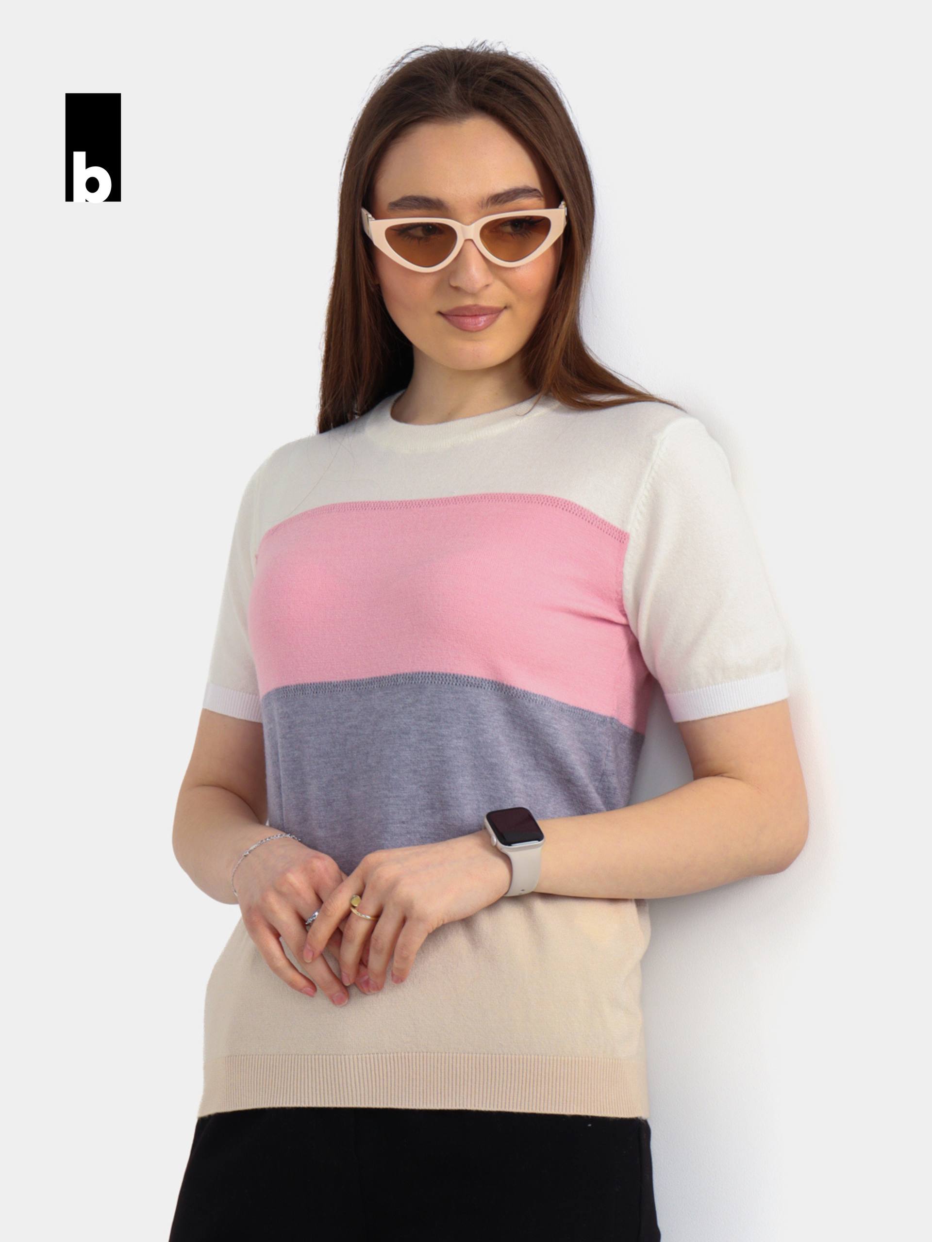 Knitted color-block T-shirt (milk-pink-gray-beige)