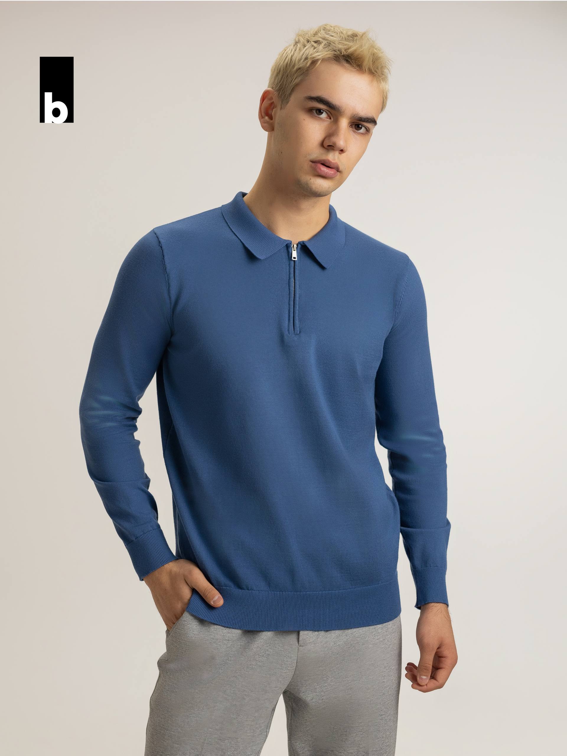 Blue zip-neck knitted polo-sweater