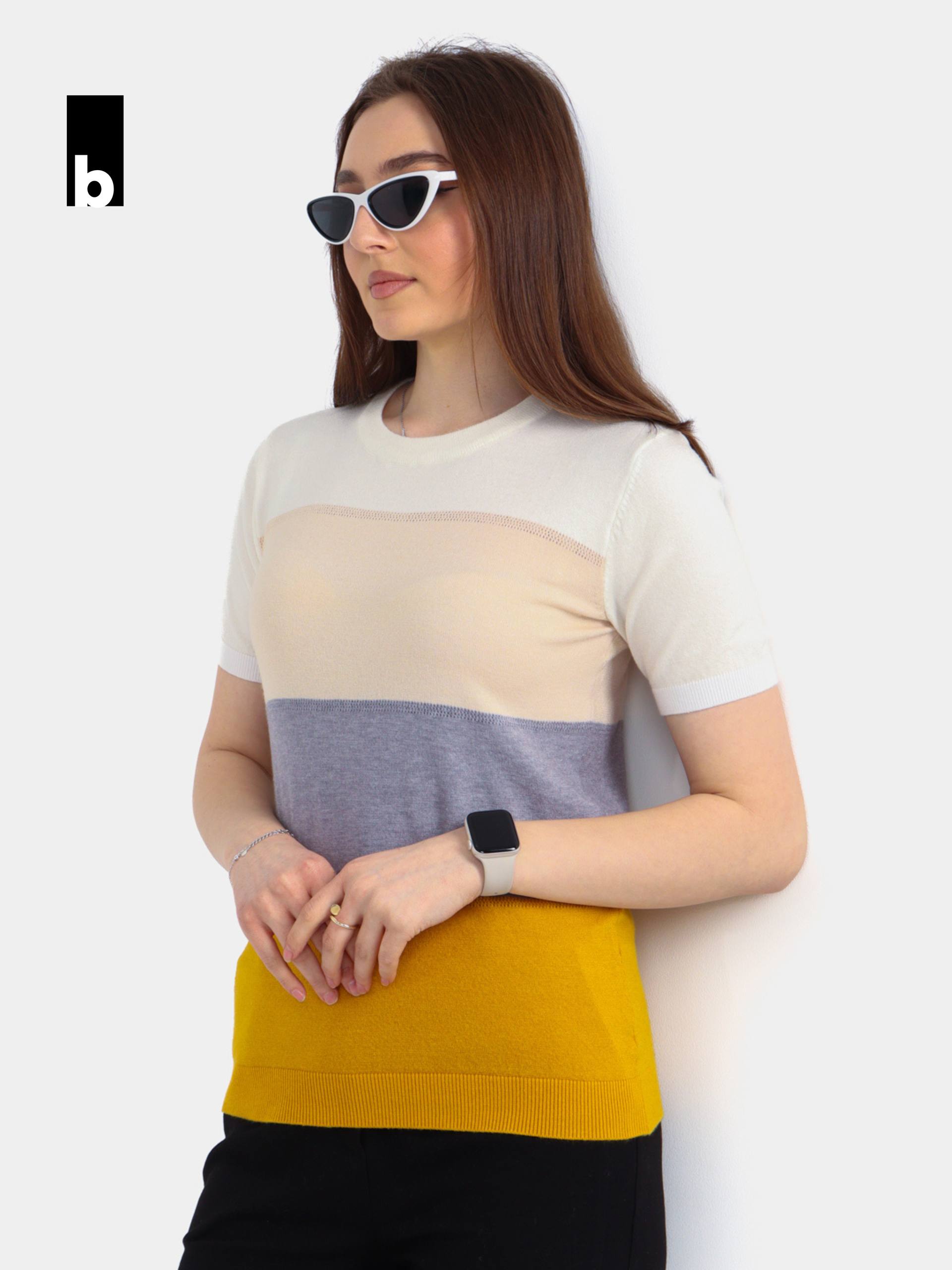 Knitted color-block T-shirt (milk-beige-grey-mustard)