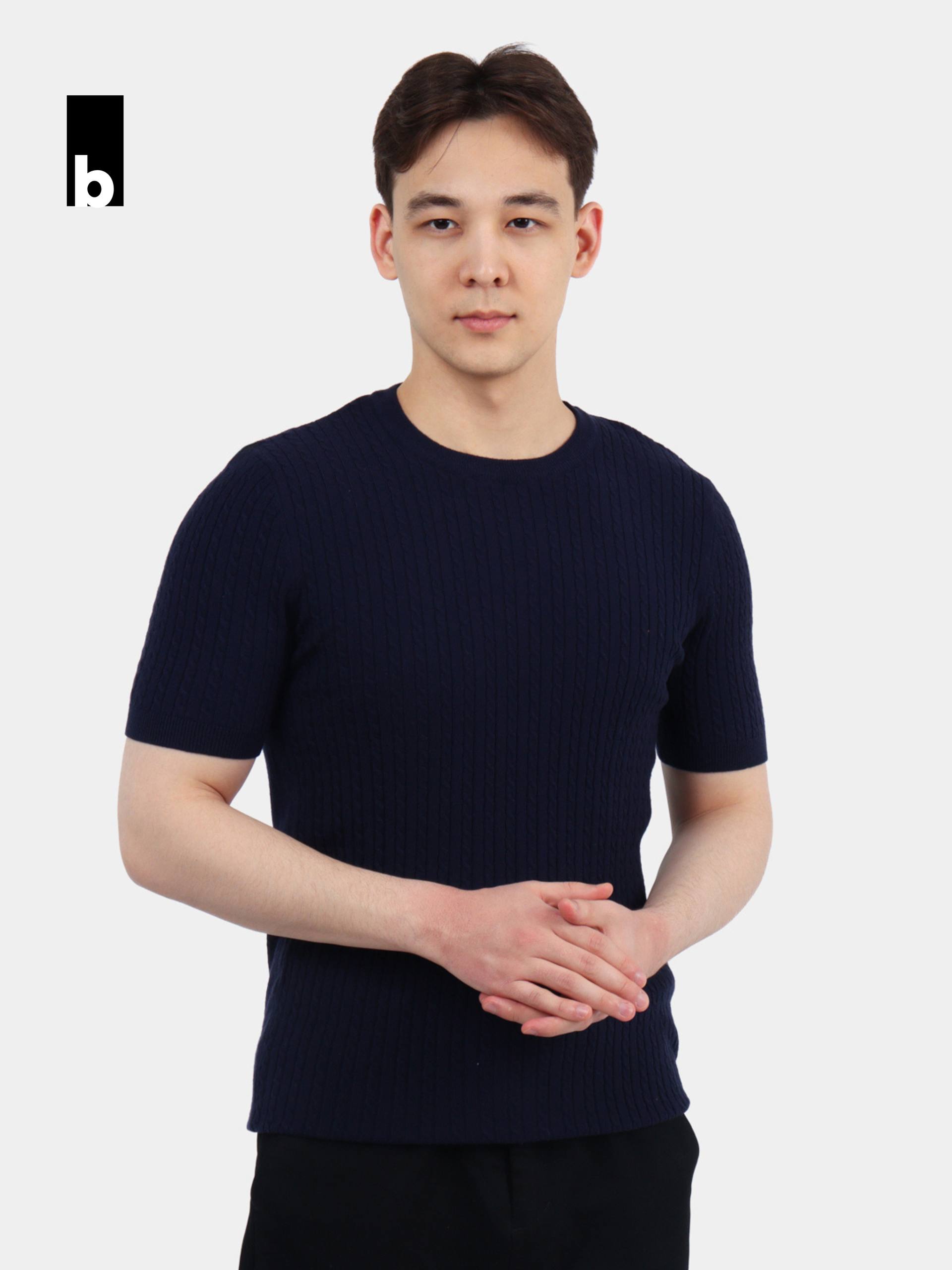 Dark blue knitted T-shirt with a textured cable knit pattern