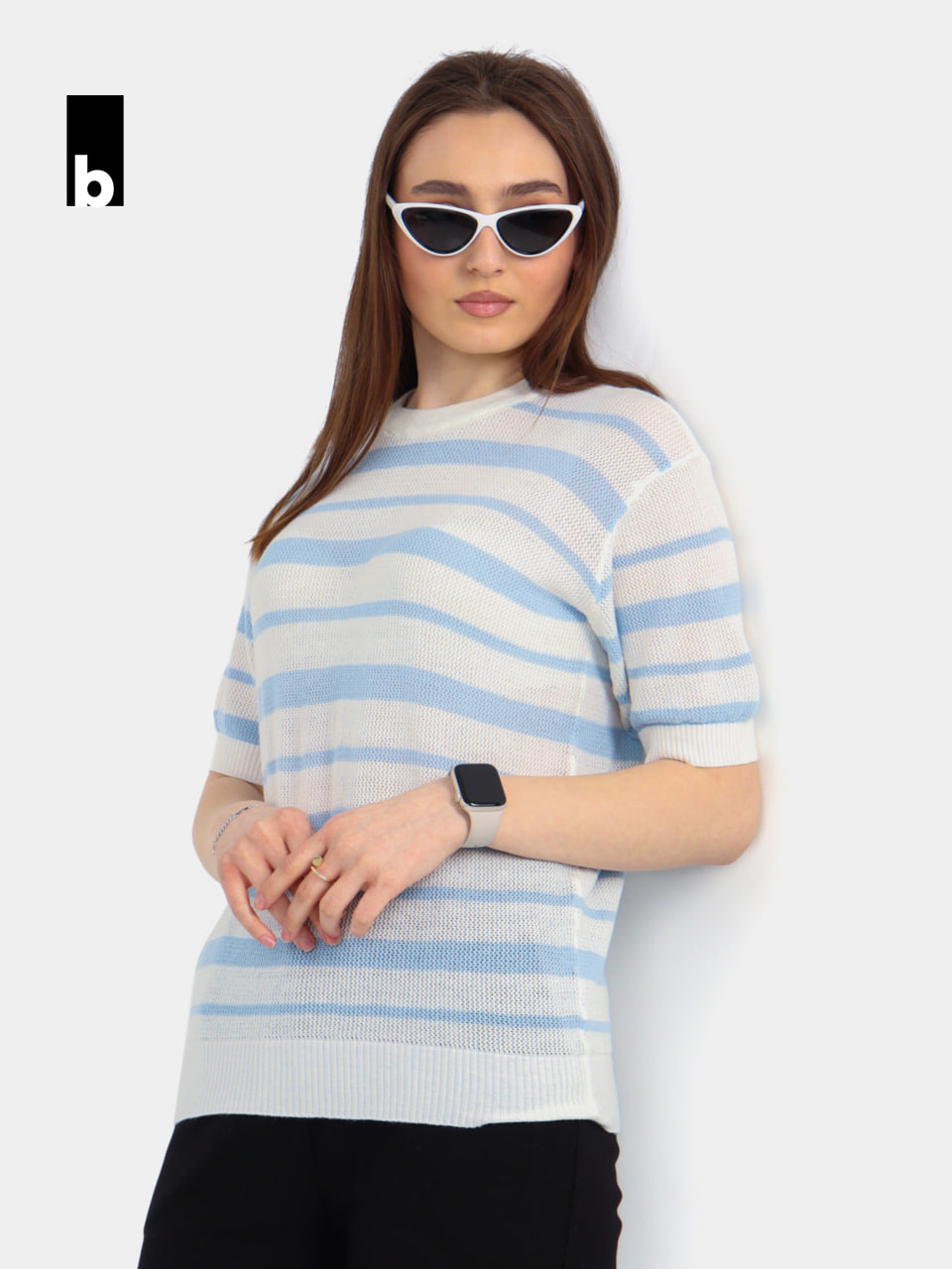 Milk-blue striped knitted T-shirt with openwork texture