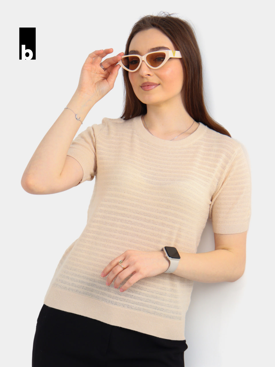Beige knitted T-shirt with a delicate openwork texture